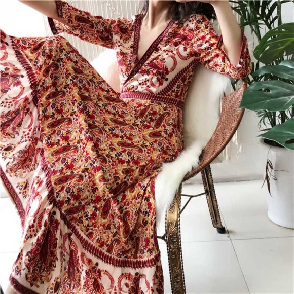 red boho floral print 3/4 sleeve wrap maxi dress - Picture 6 of 8